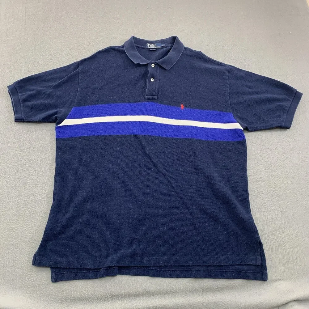 Polo Ralph Lauren Polo Shirt Mens 2XL Navy Blue Stripe Short Sleeve Classic Fit